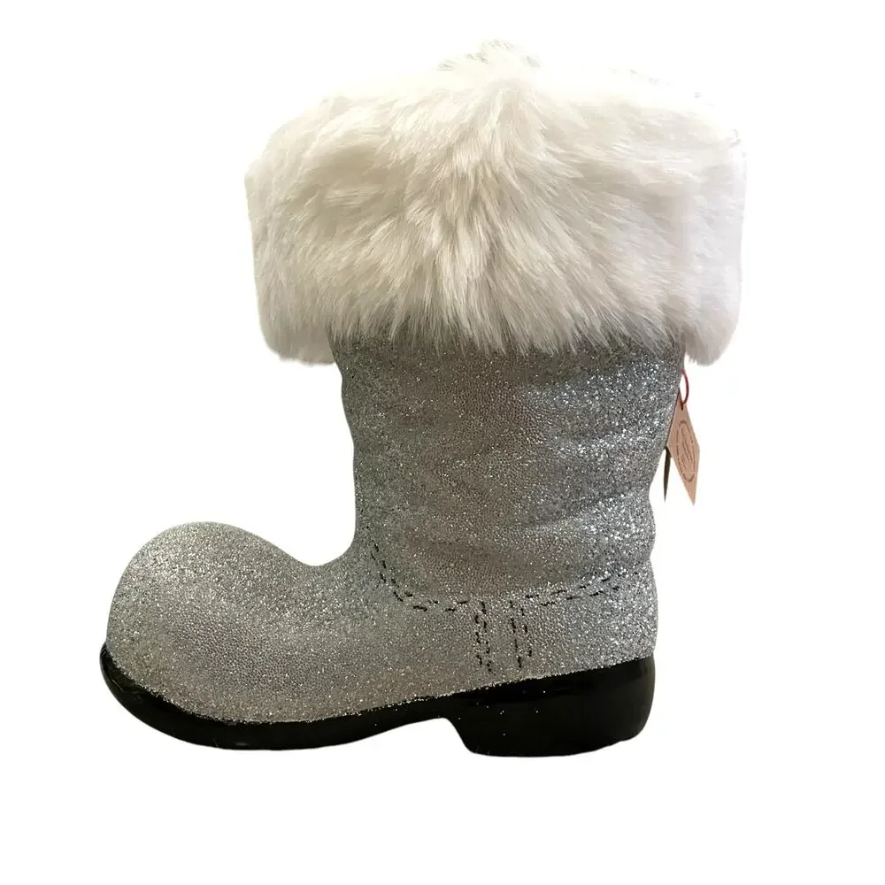 Bergdorf Goodman Ino Schaller Silver Beaded Christmas Santa Boot w/ Faux Fur NEW